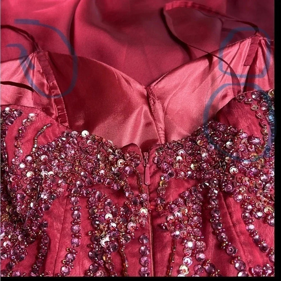 SHERRI HILL corset strapless flounce skater dress,rhinestones fit&flare,glam,red - Picture 14 of 16